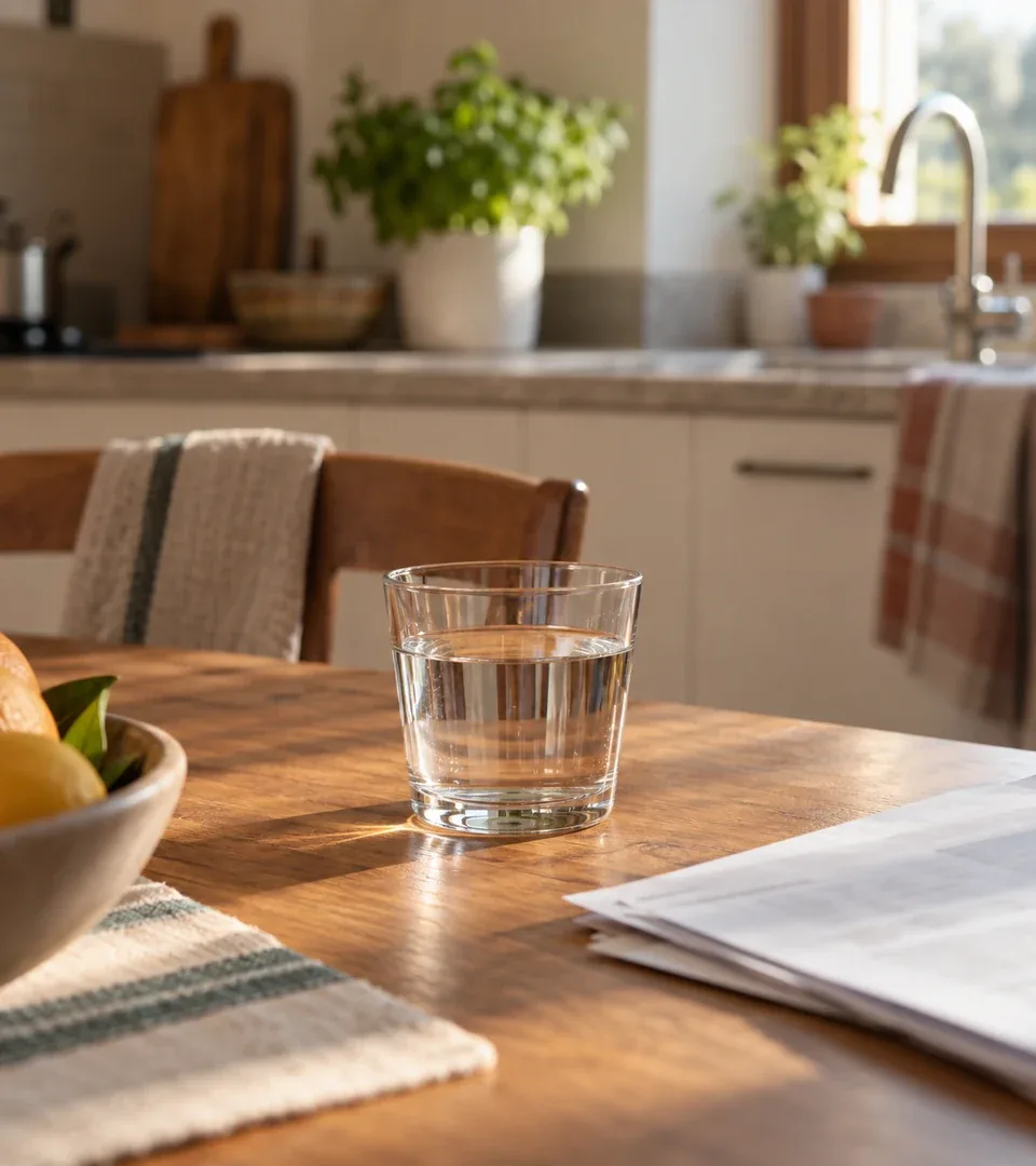 Bicchiere d'acqua del rubinetto sul tavolo di una cucina luminosa accanto a una ciotola di limoni
