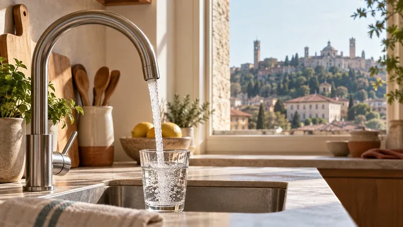 Rubinetto che riempie un bicchiere in una cucina con vista su Bergamo Città Alta