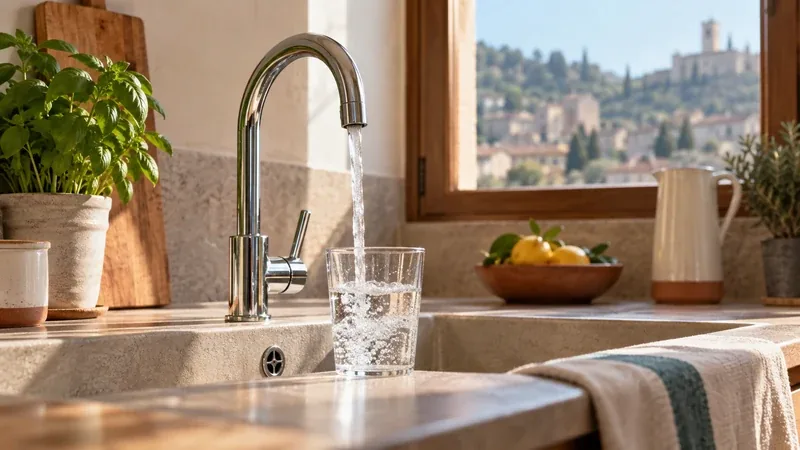 Bicchiere d'acqua accanto al rubinetto di una cucina con vista sul colle di Brescia