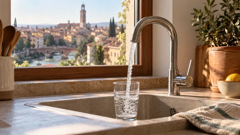 Acqua che scende dal rubinetto in un bicchiere, con Verona e l'Adige oltre la finestra