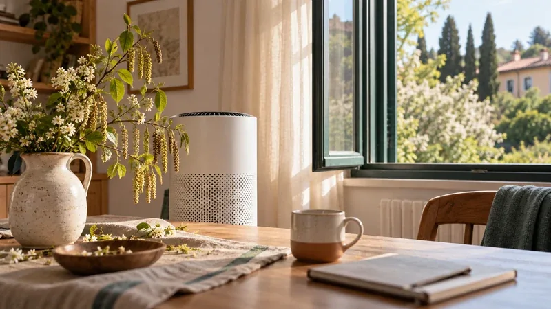 Soggiorno con la finestra aperta sul verde e un purificatore d'aria acceso contro i pollini