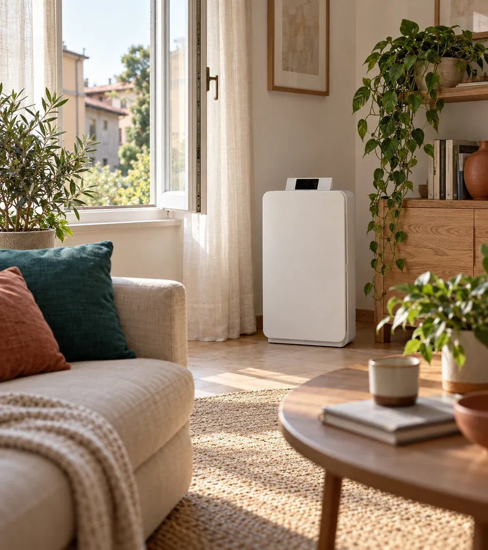 Soggiorno arioso con un purificatore d'aria bianco accanto al divano e alle piante