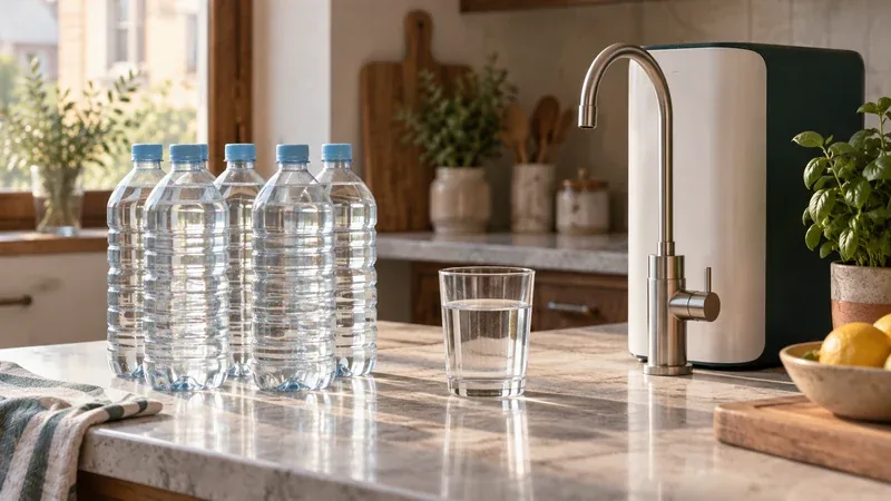 Bottiglie d'acqua di plastica sul piano della cucina accanto a un depuratore e a un bicchiere