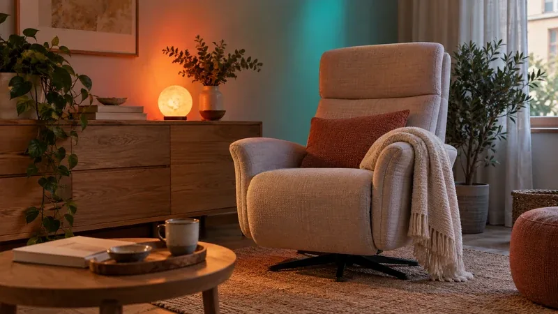 Poltrona in un soggiorno illuminato da luci colorate calde e verdi per il relax