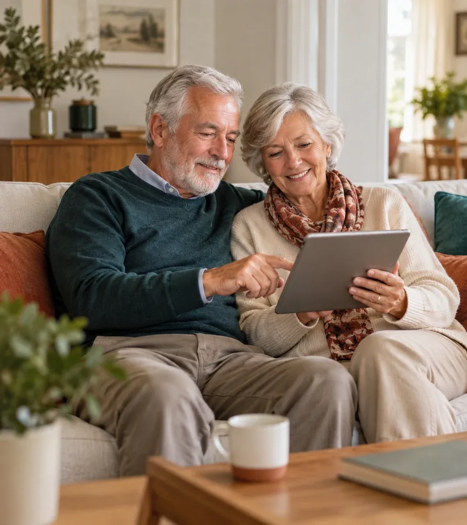 Coppia di anziani sorridenti sul divano che consulta le guide su un tablet