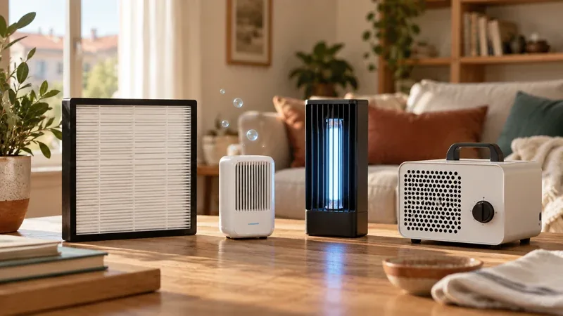 Filtro HEPA, ionizzatore, lampada UV e generatore di ozono affiancati su un tavolo