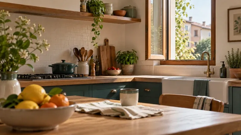 Cucina con pentole sul fuoco e finestra aperta, fonti comuni di inquinamento dell'aria in casa