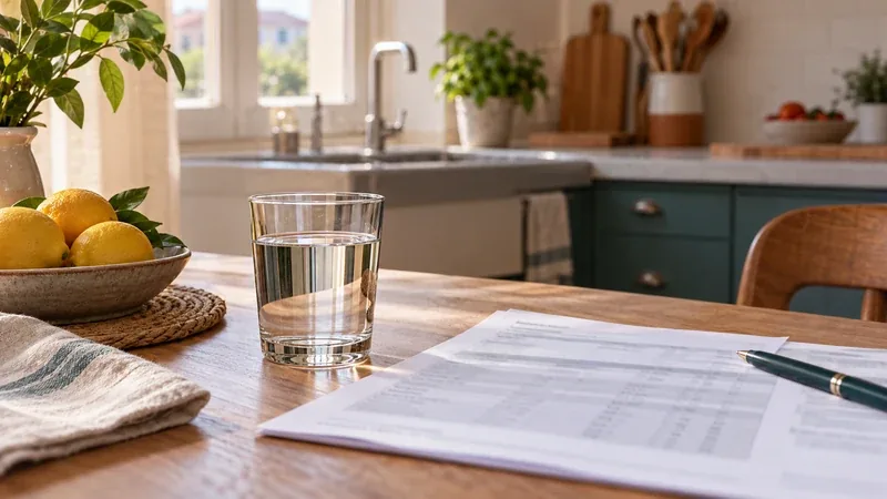 Bicchiere d'acqua accanto a un foglio di analisi dell'acqua sul tavolo della cucina
