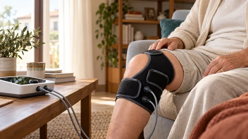 Persona seduta in poltrona con una fascia per magnetoterapia sul ginocchio