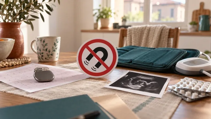 Cartello di divieto per pacemaker accanto a un'ecografia e a un apparecchio per magnetoterapia