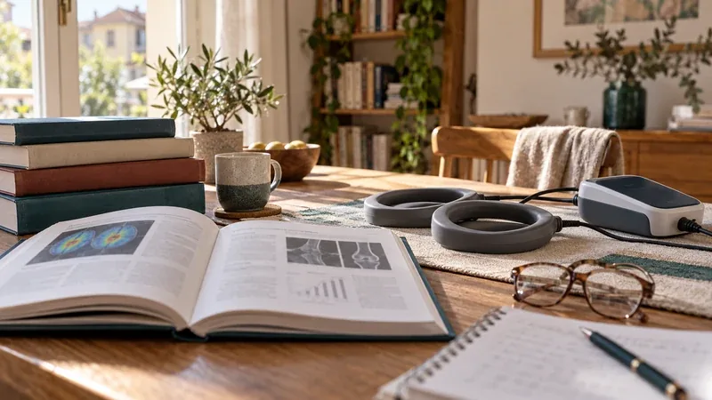 Libri e studi aperti sul tavolo accanto a un apparecchio per magnetoterapia