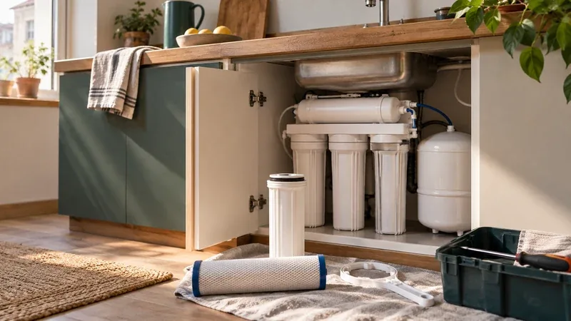 Mobile sotto il lavello aperto con il depuratore e un filtro nuovo pronto per la sostituzione