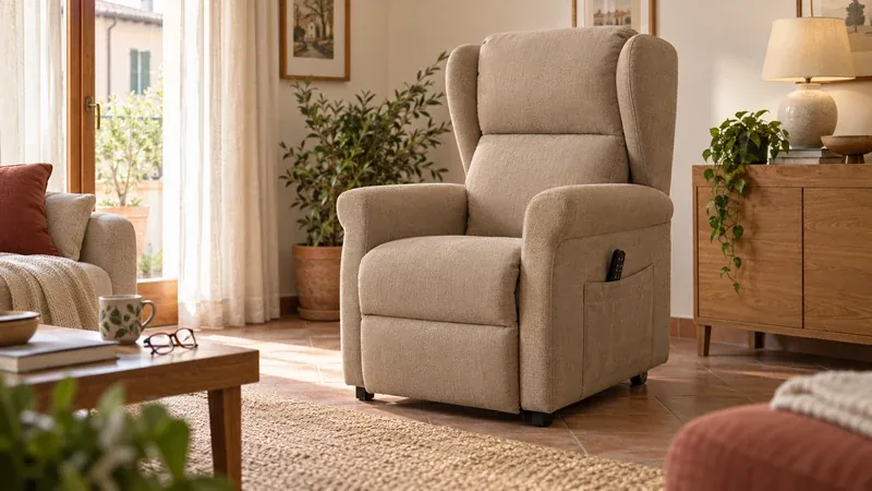 Poltrona alzapersona beige in un soggiorno luminoso con tappeto e piante