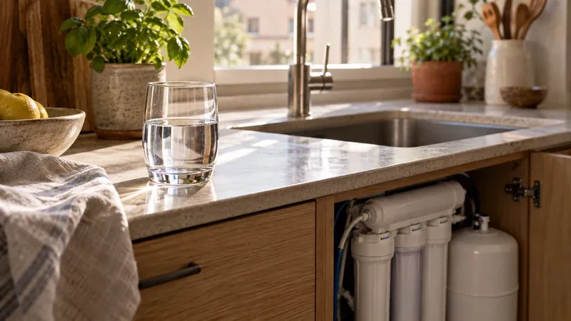 Bicchiere d'acqua sul piano di una cucina con il depuratore a osmosi inversa sotto il lavello