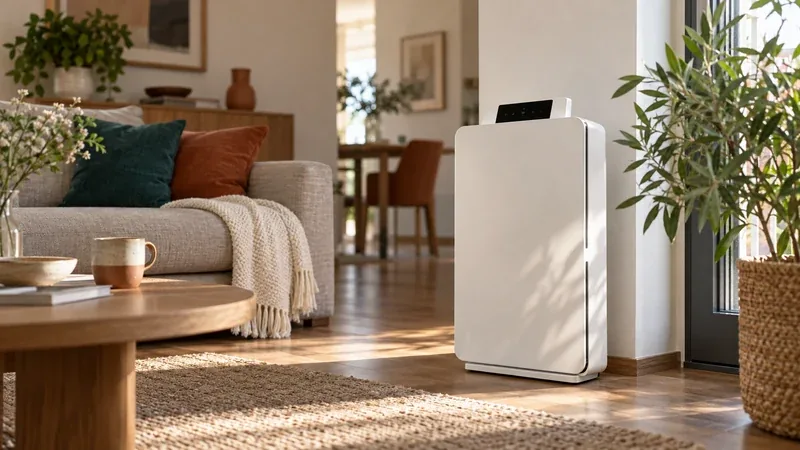 Purificatore d'aria bianco in un soggiorno ampio con divano e piante