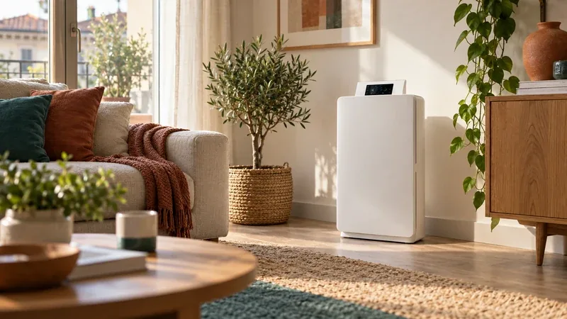 Purificatore d'aria acceso in un soggiorno luminoso con piante e tavolino basso