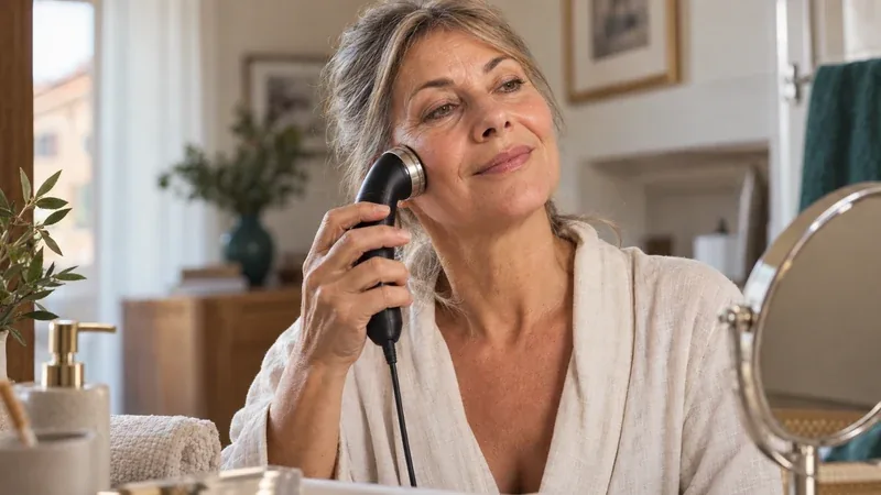 Donna che usa un apparecchio per radiofrequenza sul viso davanti allo specchio di casa