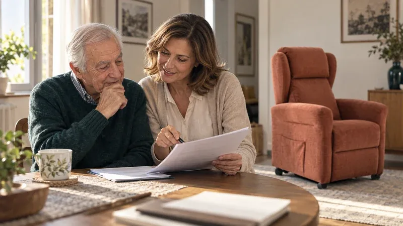 Padre anziano e figlia che scelgono insieme una poltrona alzapersona guardando un catalogo