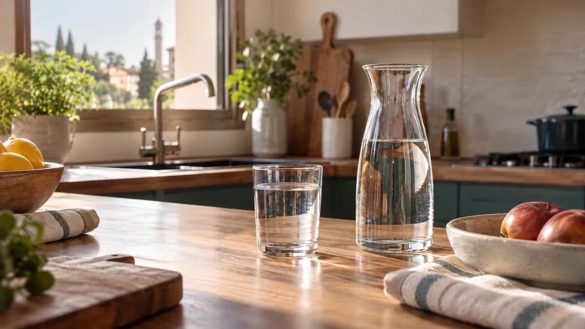 Caraffa e bicchiere d'acqua del rubinetto sul piano di una cucina con vista sulla città