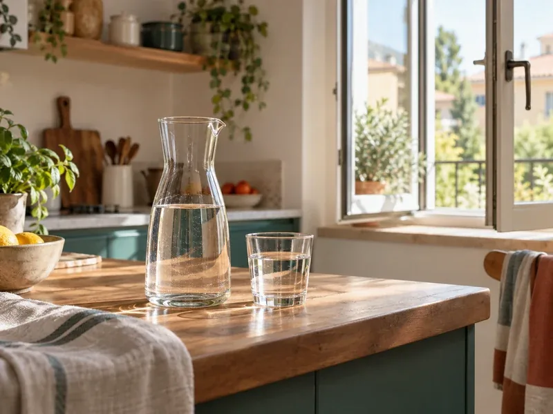 Caraffa d'acqua e bicchiere sul tavolo di una cucina luminosa con piante e finestra aperta
