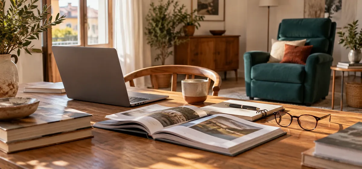 Scrivania della redazione di Bella Ita con computer portatile, libri e appunti in un soggiorno