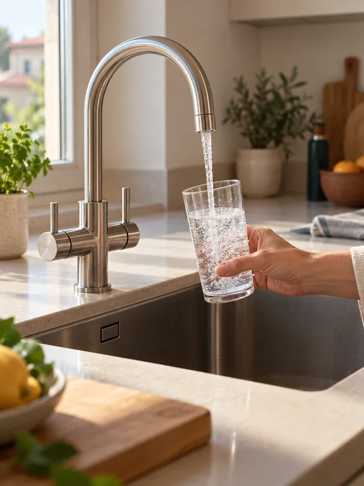 Acqua frizzante che scende dal rubinetto del depuratore in un bicchiere