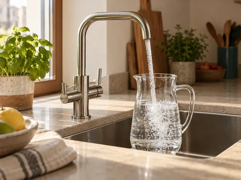 Caraffa riempita dal rubinetto di un depuratore d'acqua frizzante in cucina