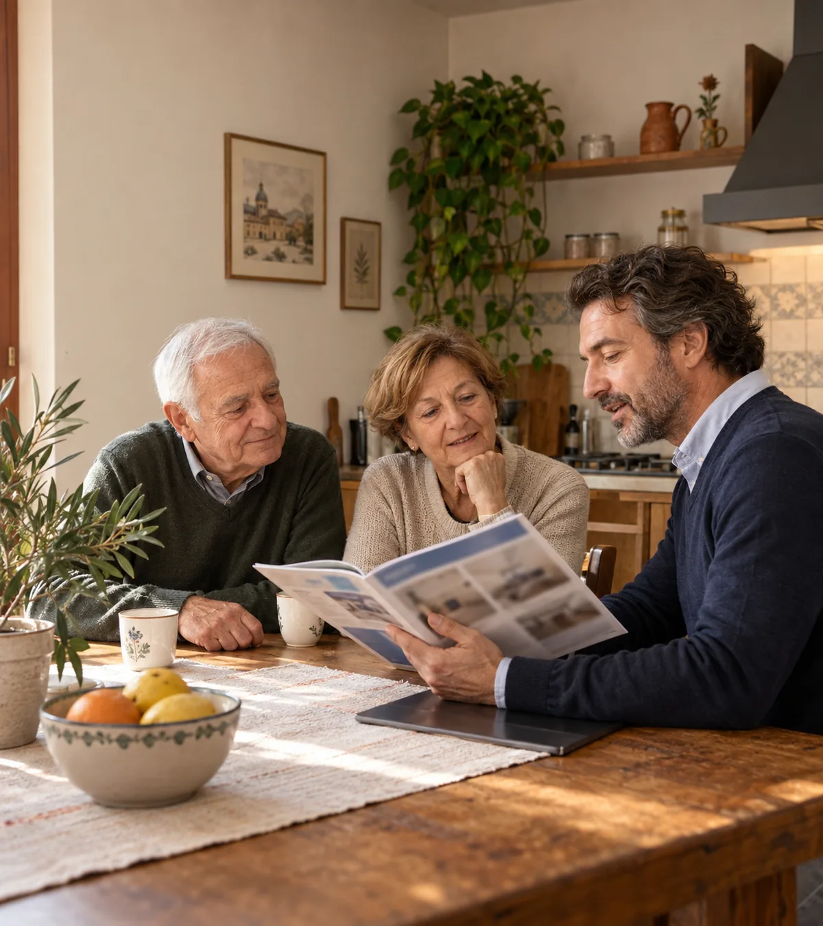Consulente che illustra un catalogo a una coppia di anziani al tavolo della cucina, in una casa di Brescia