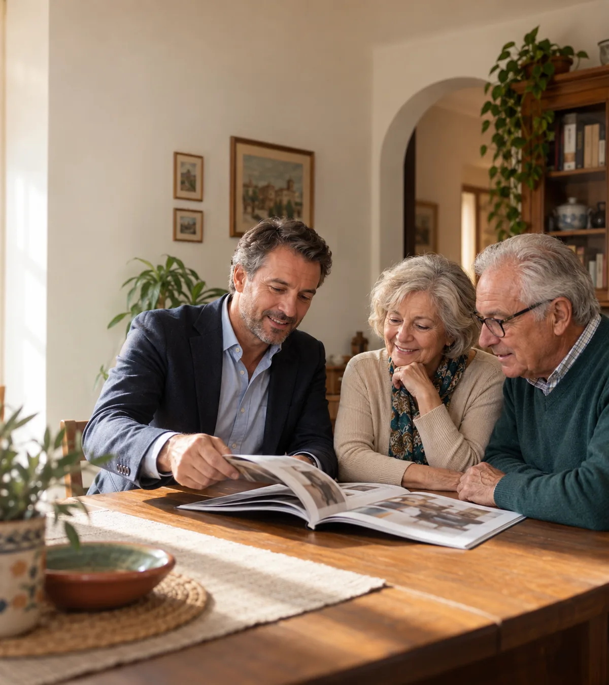 Consulente del partner InArredo che sfoglia il catalogo delle poltrone con una coppia di anziani al tavolo del soggiorno