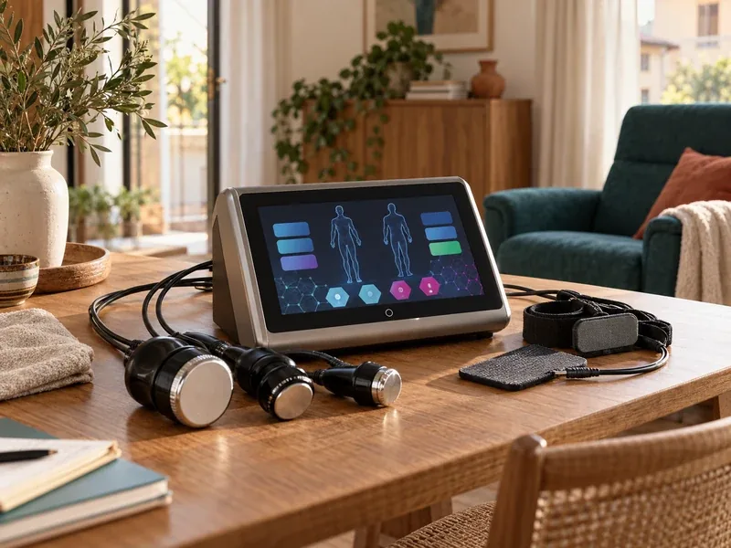 Apparecchio MT MAX Home Therapy con schermo touch e accessori sul tavolo del soggiorno