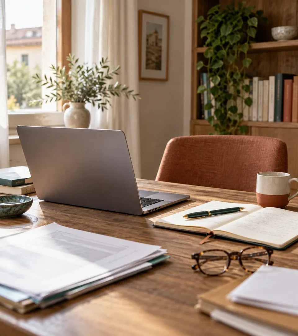 Tavolo di lavoro con computer, fonti stampate e appunti per la verifica delle guide