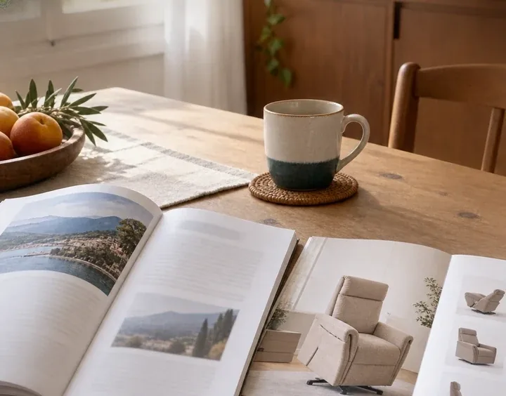 Catalogo dei prodotti del partner aperto sul tavolo accanto a una tazza