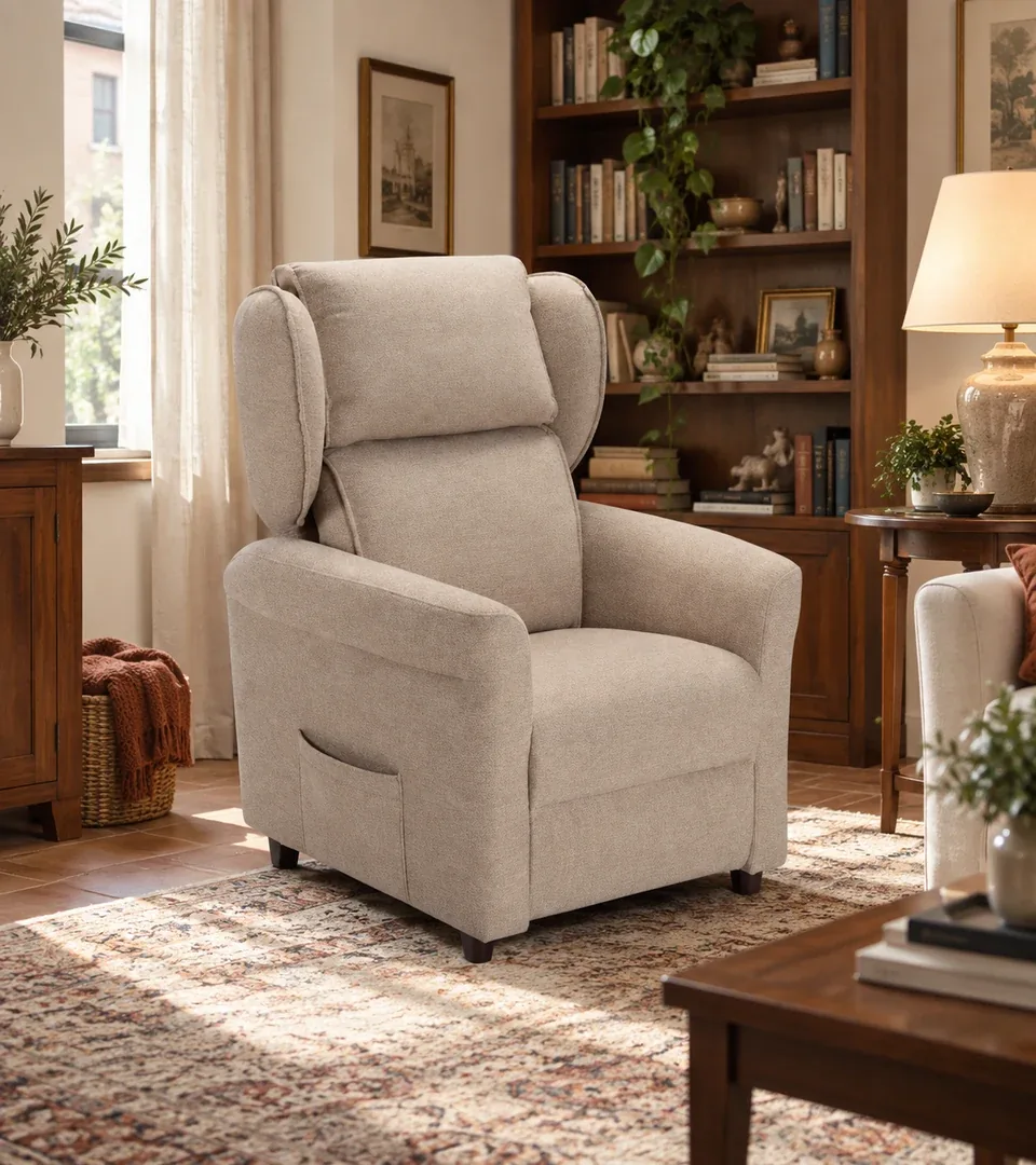 Poltrona alzapersona Anastasia beige con schienale in fiocco accanto alla libreria