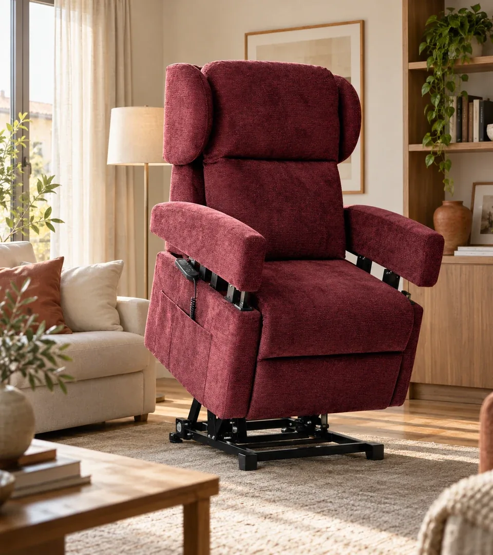 Poltrona alzapersona Merida bordeaux sollevata con l'alzata verticale