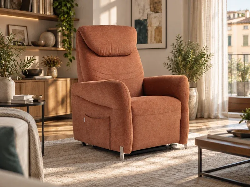 Poltrona alzapersona Raya terracotta con piedi in acciaio accanto a un tavolino