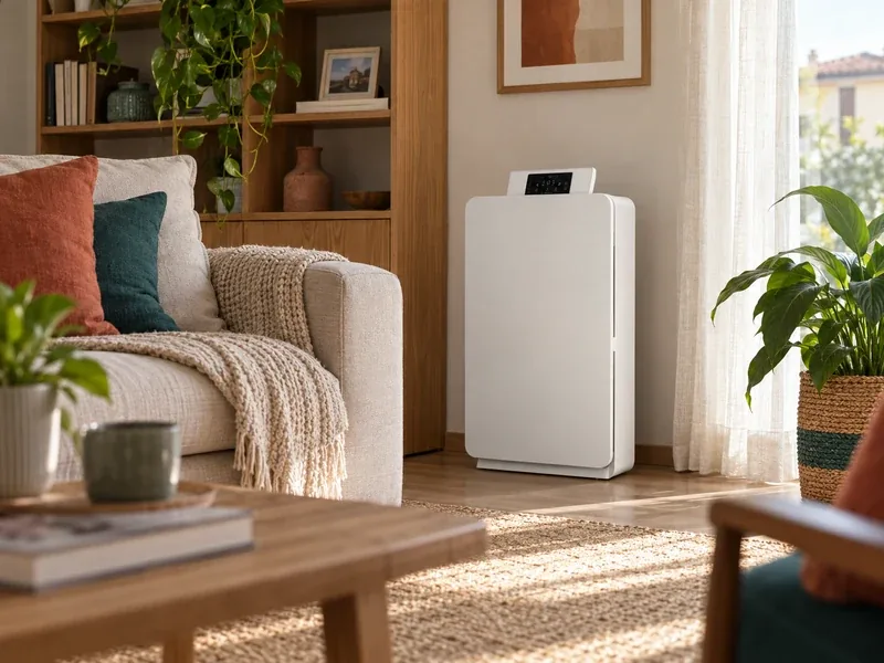 Purificatore d'aria Respira 3.D acceso in un soggiorno accanto al divano