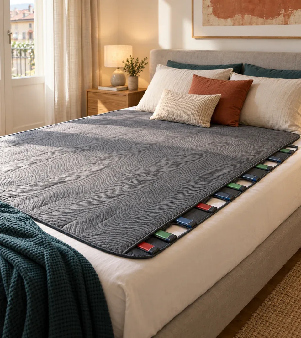 Stuoia magnetica MagnetoBed Power stesa su un letto con cuscini chiari